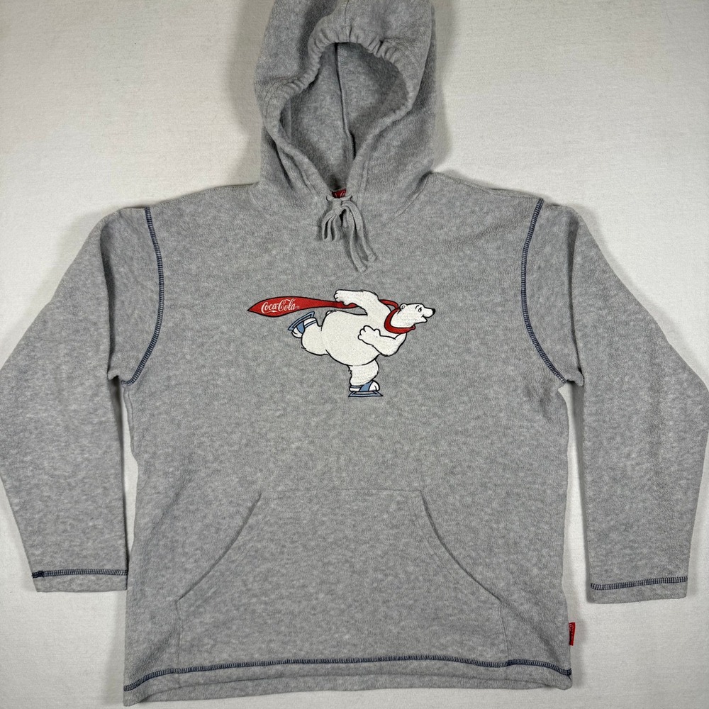 Vintage Coca-Cola Polar Bear Fleece Hoodie Mens Medium Gray Pullover Sweatshirt